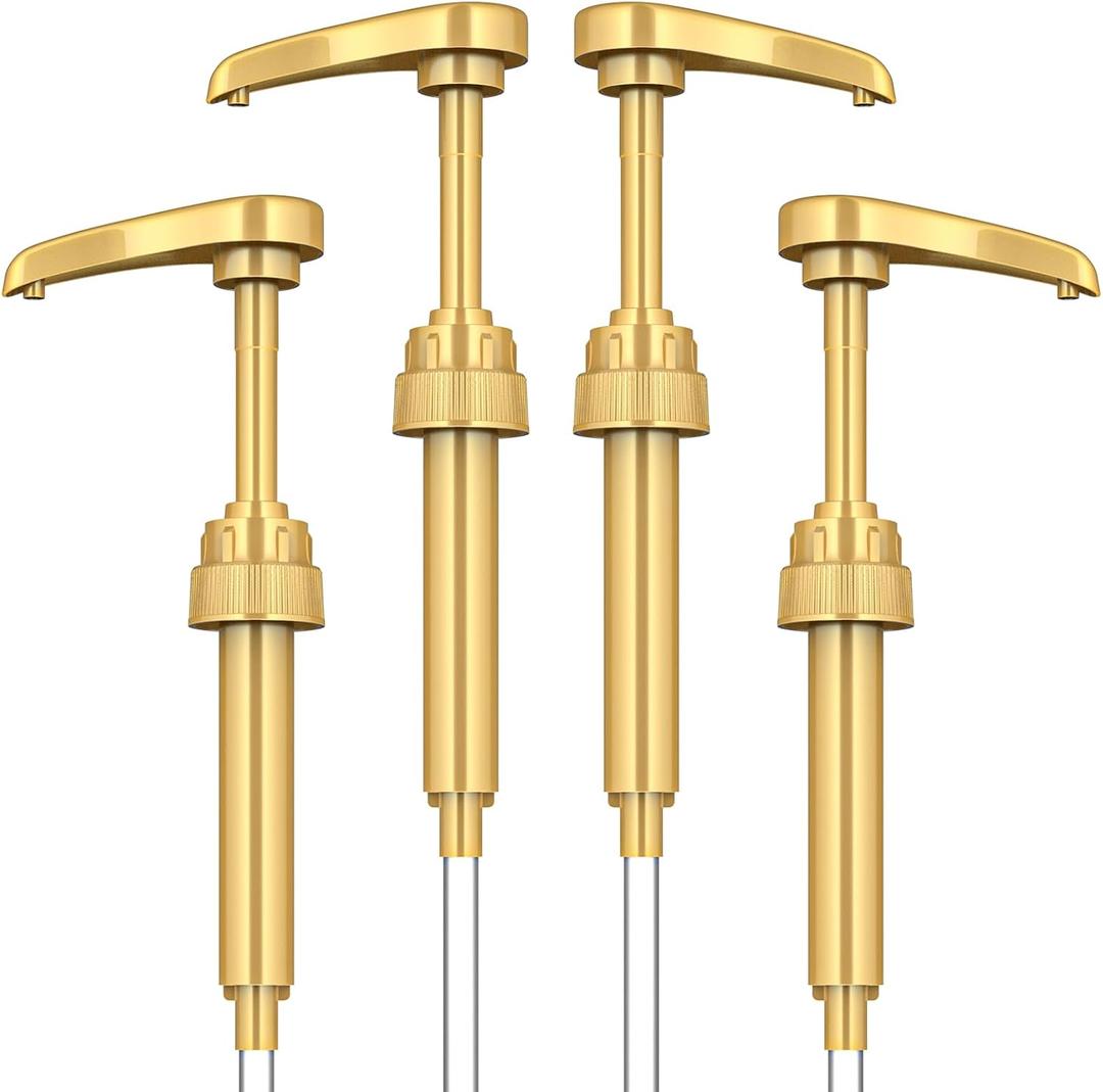 Coffee Syrup Pump Dispenser, 4 Packs of Syrup Pump for 750ml/25.4 oz Syrup Bottle, Gold Pumps for Coffee Syrup Bottle, works with Torani, DaVinci, Jordans Skinny 750ml Syrups Bottles (Gold)
