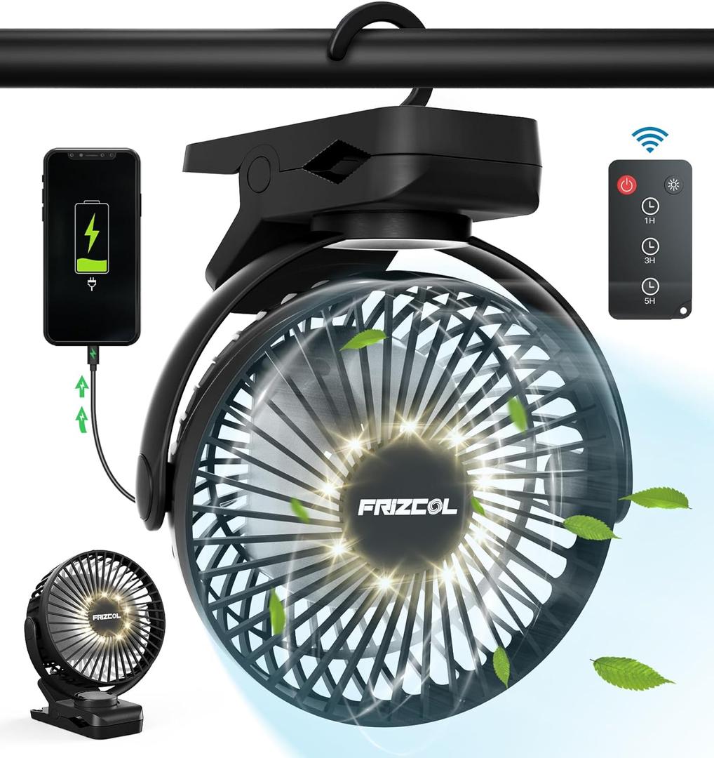 Portable Clip on Fan 65 Working Hours, Camping Fans with LED Lights & Hook, 12000 Capacity Battery Operated Fan with Clamp, USB Rechargeable for Desk, Tent, Treadmill, Stroller, Golf Cart, Home (Black)
