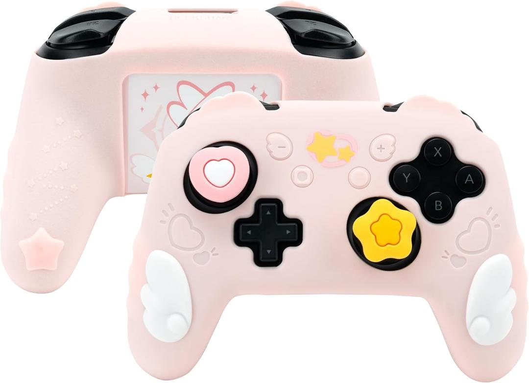 GeekShare Switch Pro Controller Skin Set,Anti-Slip Silicone Protective Cover Skin Case for Switch Pro Controller with 2 Thumb Grip Caps and 2 Stickers - Star Wings Series (Pink)