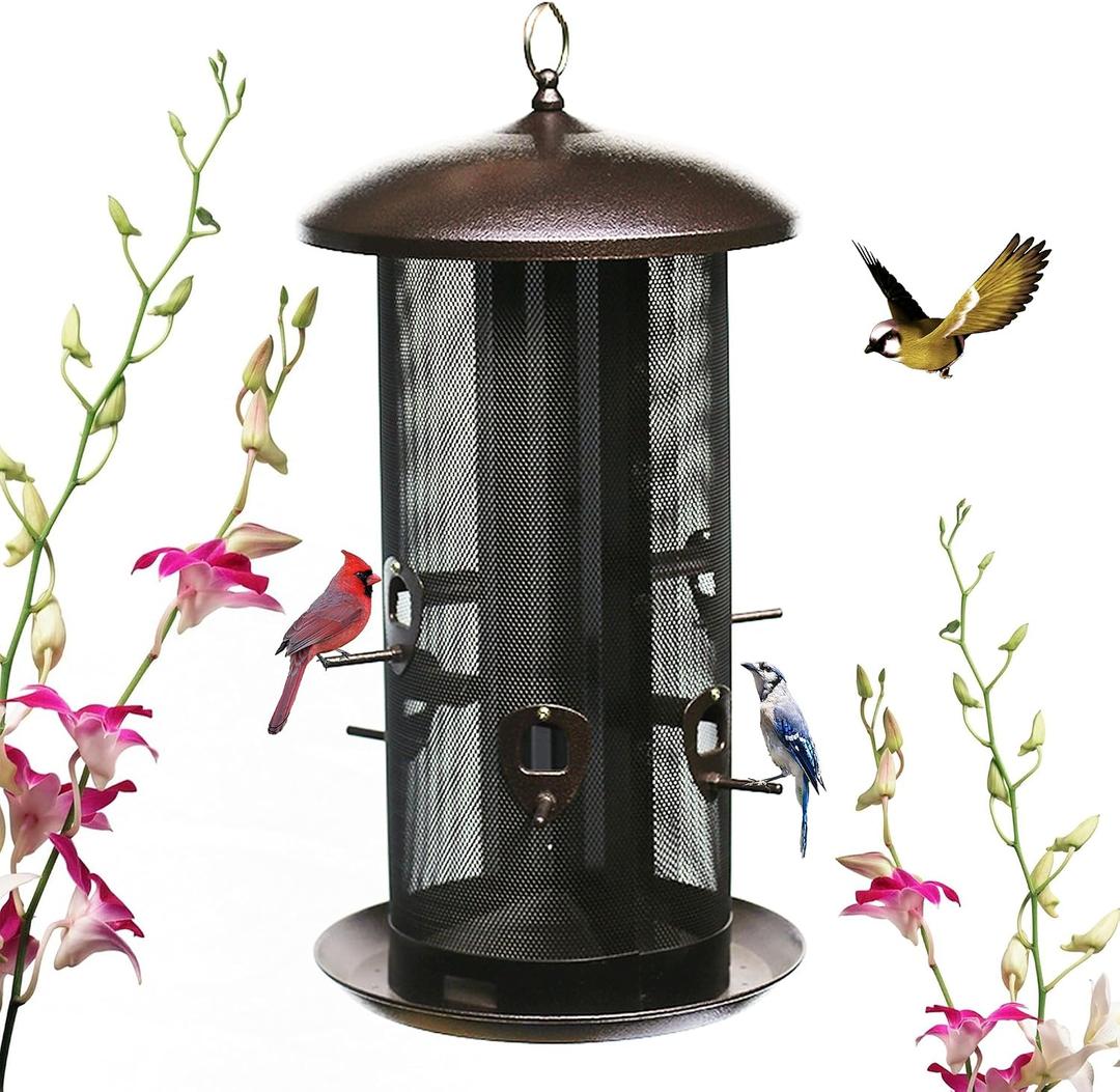Nature's Rhythm Metal Hopper Bird Feeder Two ChambersHeavy Duty Mesh Metal Dual Seed Compartments Outdoor Hanging Wild Bird Feeder with 10 Feeding Ports,10lbs Seed Capacity