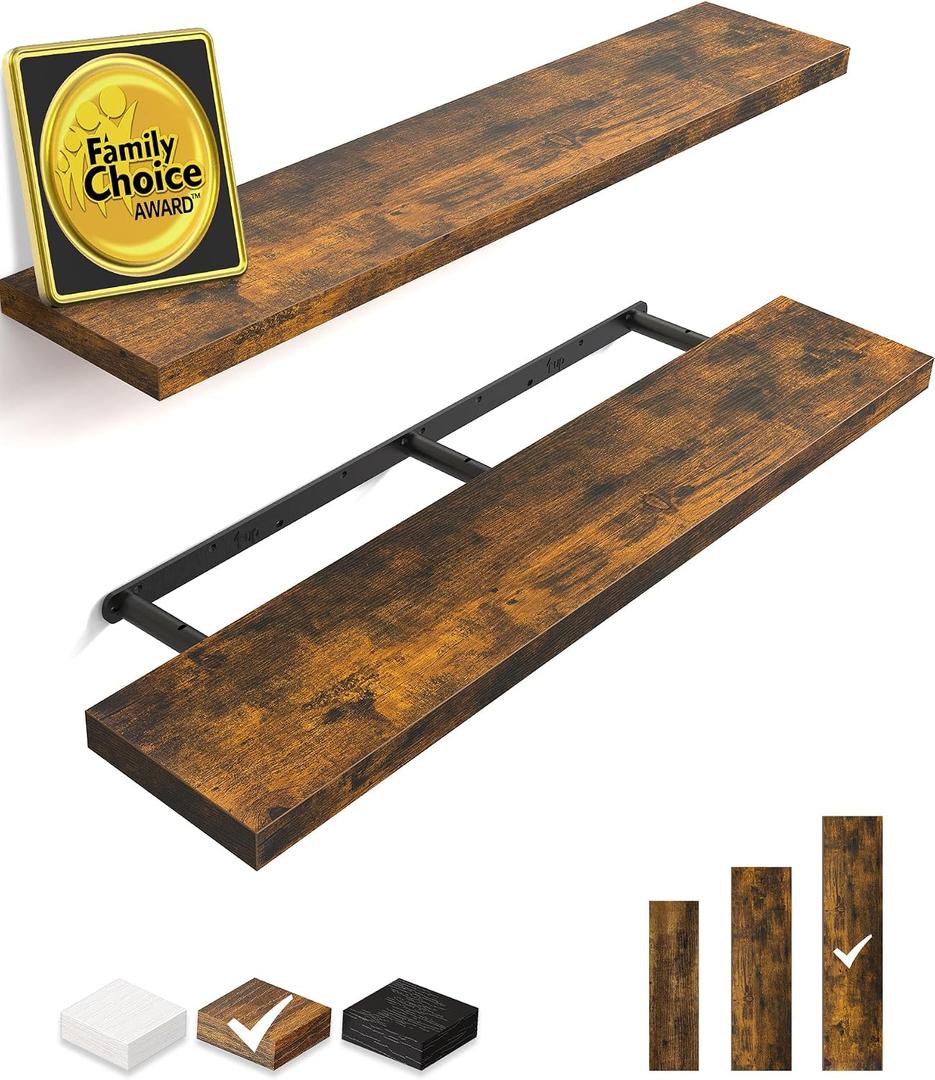 BAYKA Rustic Brown Floating Shelves 47.2in, Set of 2, Wall Mount Wood Shelf
Easy Install, 30lbs Max Load, Hidden Bracket, Shelving for Bathroom Bedroom Kitchen Office Storage, Multi-Wall Compatible