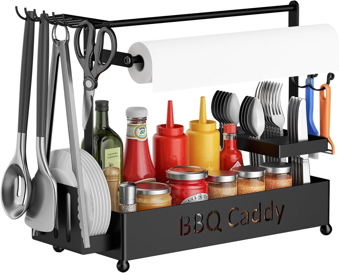 Grill Caddy for Outdoor Grill with High-Strength Paper Towel Holder, BBQ Caddy for Camping Accessories, Condiment Storage Holder with 8 Hooks for Cooking, RV, Outdoor Gifts, Tailgate Essentials