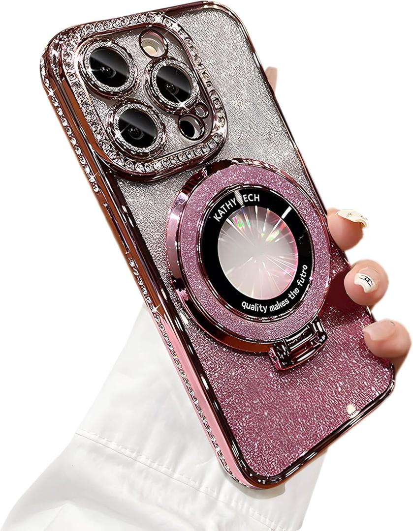 Bling Glitter Phone Case Compatible with iPhone 11 Pro Max, Kickstand Camera Lens Protector Soft Cover Sparkling Rhinestone Case (Pink)