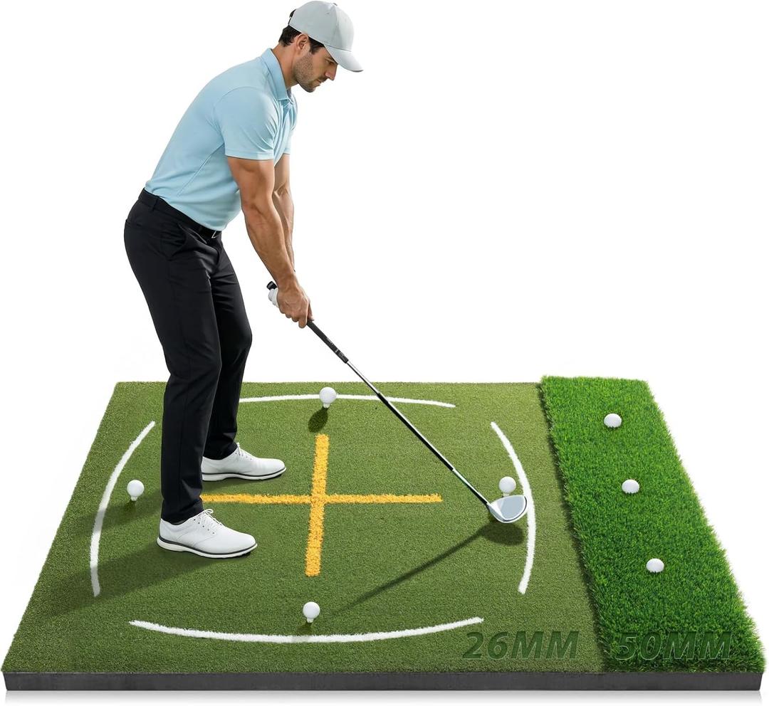 Golf Mat with Simulate Fairway & Rough Turf, 5x4ft, 21mm-50mm Heavy-Duty Turf and High Elasticity Base Golf Hitting Mat for Indoor and Outdoor Practice, with 6 Tees, Ideal Golf Gifts for Men Dad