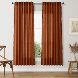 SMABU Terracotta Boho Linen Curtains 72 Inches Long 2 Panels Set, Light Filtering Semi Sheer Drapes with Back Tab & Rod Pocket, Tassel Decor for Bohemian Farmhouse Living Room, Bedroom, 52x72