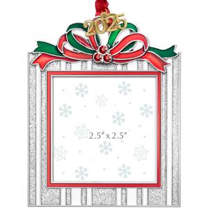 GUOER Christmas Tree Ornament Picture Frame Holiday Keepsake Gift Home Decor Christmas Decorations Xmas Gifts Pendant with 2.5" Photo Frame Insert (Silvery Red 2025)