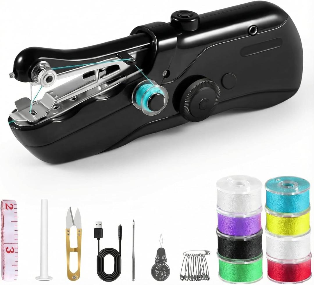 Portable Handheld Sewing Machine for Adults - Mini Hand Held Sewing Stitching Machine for Beginners - Small Electric Cordless for Quick Fabric Home Travel Clothes Pants DIY Fabric Denim (Black)
