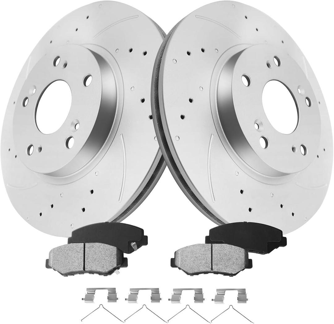 MOTOREVO Front Brake Kit for CR-V 2002-2004, 281.6mm11.1in Geomet Coated & Drilled, Slotted & Vented Rotors and Ceramic Brake Pads Universal Fits 2002 2003 2004 Automotive Replacement Discs