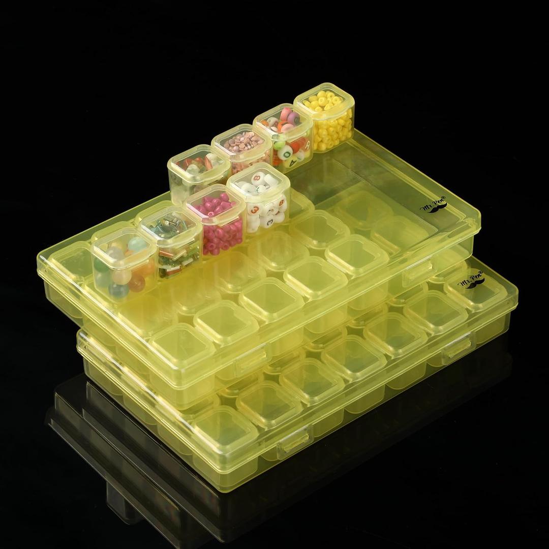 Mr. Pen- Bead Storage Containers, 28 Grids, 2 Pack, Transparent Yellow Small Bead Organizer Box (2 Pack-56 Pcs(6.8"x4.4"x1"))