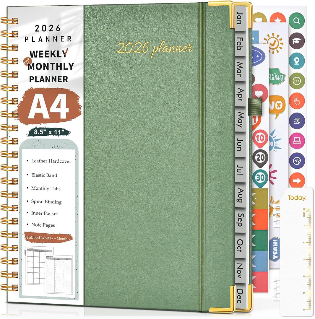 2026 Planner, Weekly and Monthly Calendar Planner from January 2026 - December 2026, 8.5" x 11" Hardcover Leather Hourly Appointment Book with Tabs, Spiral Daily Planners for School Work Home, Green