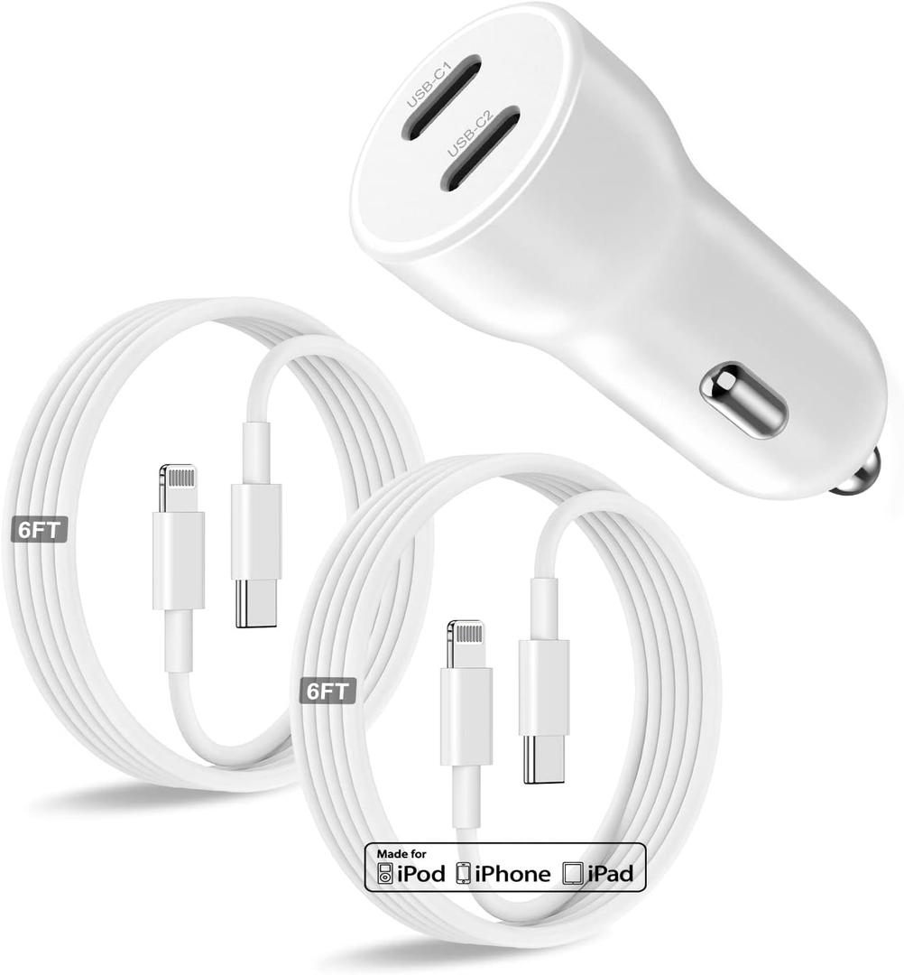 iPhone 14 13 Car Charger, [Apple MFi Certified] 45W Dual Port USB C Rapid Apple Car Adapter with 6ft Type C to Lightning Cable Fast Charging for iPhone 14 Pro/14 Pro Max/14 Plus/13/12/11/X/XS/SE,iPad (White), 6 FT-C to L