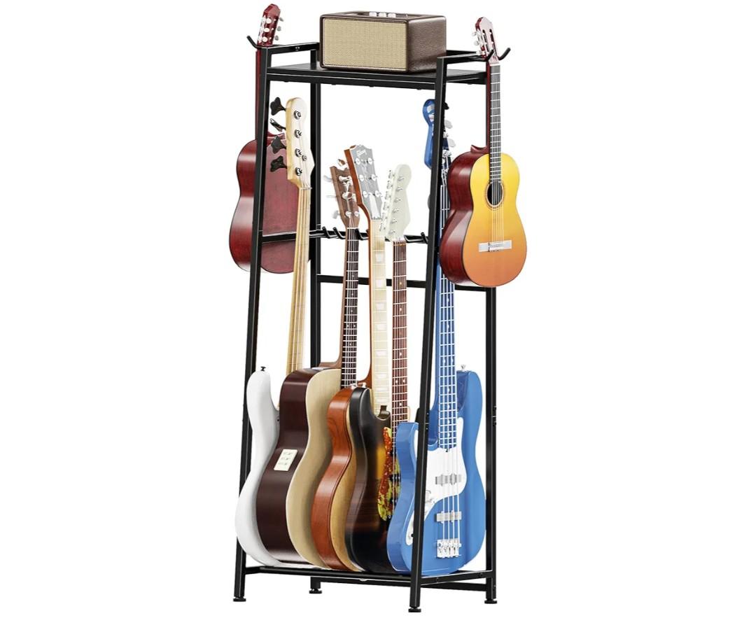 Guitar Stand, Guitar Rack Holder for Acoustic Guitar, Electric Guitar, Bass Display Stand, Multiple Guitar Rack Holder for 5-7 Guitars, Guitar Amp Accessories, for Home Music Studio, Black