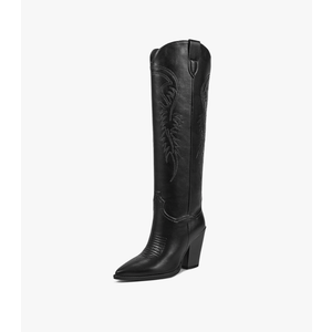 ISNOM Women's Cowgirl Boots Pull On Knee High Boots, Cowboy Western Embroidered Chunky Block Heel Pointed Toes Boots, size 8.5