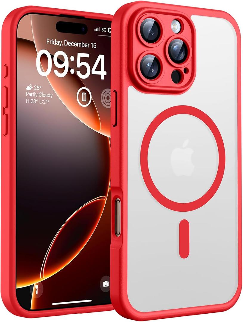 TOCOL for iPhone 16 Pro Max Phone Case Compatible with Magsafe Full Camera Protection Drop Protection Magnetic Translucent Matte Back Bumper Phone Case for 16 Pro Max 6.9-Inch (Red)