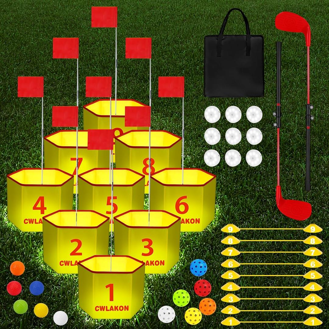 CWLAKON Backyard Golf Game with 2 Clubs & Light, Yard Golf Game Glow in The Dark 9 Holes with Balls, Outdoor Night Light up Yard Golf Chipping Game for Adults Kids, Field Day Family Reunion Party Game