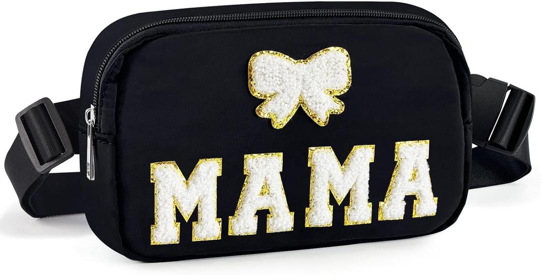 Stocking Stuffers Fanny Packs Christmas Gifts for Mom, Chenille MAMA Bow Patches Crossbody Bags Birthday Gifts From Daughter Son Husband, Black Nylon Women Belt Bag Must Haves for Travel Walking