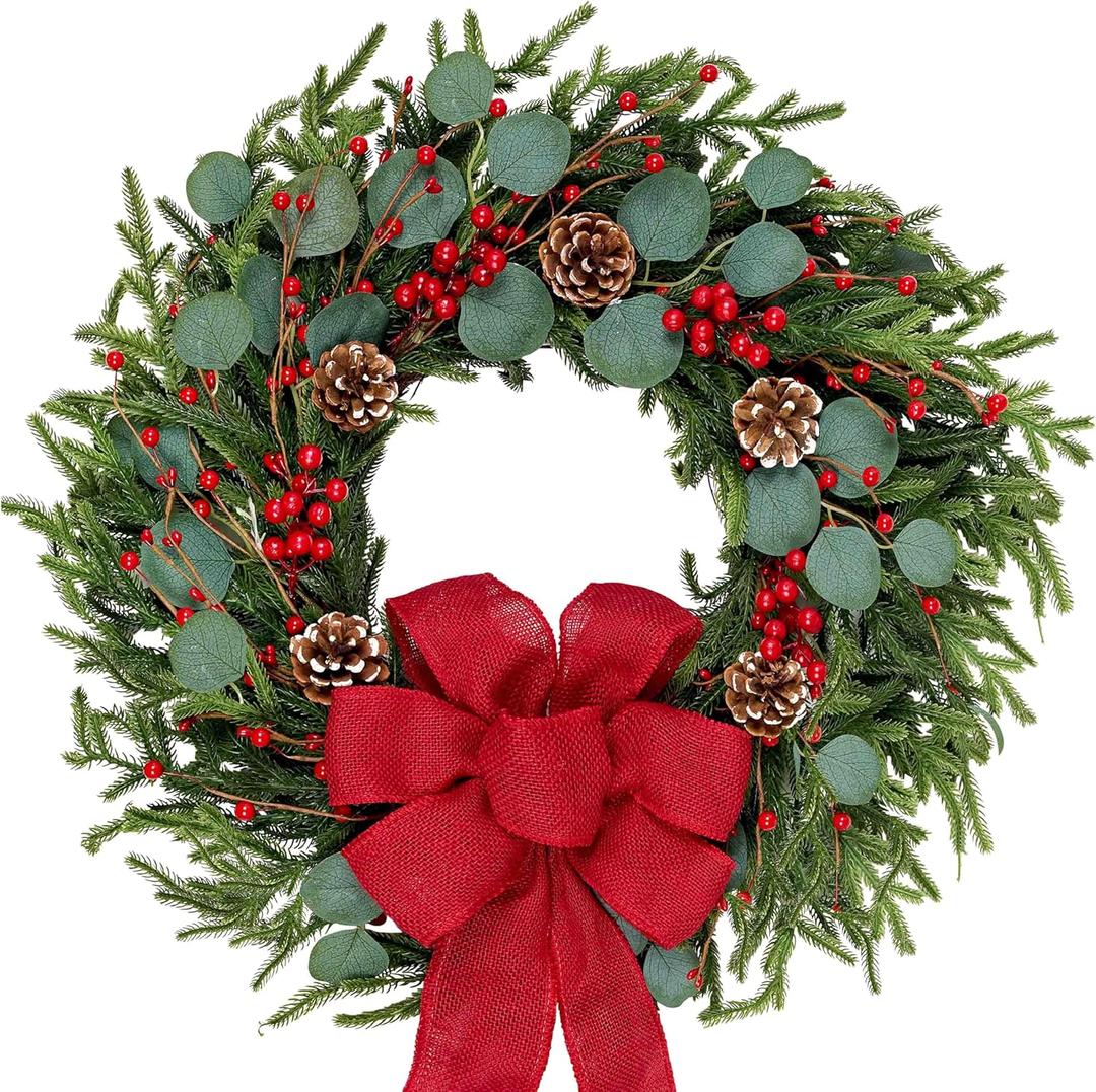 Artificial Christmas Wreath 24Inch Christmas Wreaths for Front Door Norfolk Pine Wreath with Eucalyptus Leaves Red Berries Pine Cones Red Bow for Wall Indoor Outdoor Winter Xmas Decoration