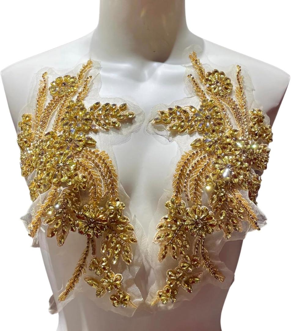 1 Pair of Handmade Rhinestone Appliques,26.5 * 18cm Gold Applique for Dress Wedding,Banquet Evening Gown,Photograph Shot Sewing Rhinestone Patches(Gold)