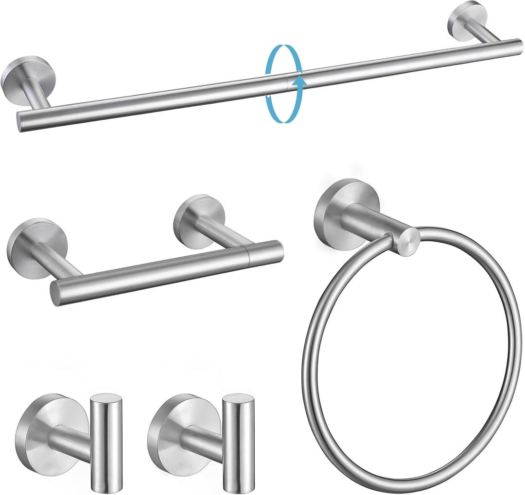 TURS Brushed Steel 5 Piece Bathroom Hardware Set, SUS304 Stainless Steel Bath Towel Bar Set, 24 Inch Bathroom Accessories Kit Wall Mounted