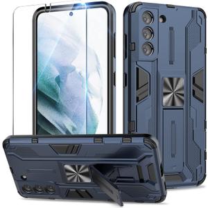 Btstring Case Compatible with Samsung Galaxy S21, with Screen Protector Tempered Glass, Heavy Duty Shockproof Tough Armour Case with Stand Protective Personalized Phone Cover - Blue