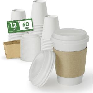 Disposable Coffee Cups with Lids & Sleeves 12 oz Paper Cups, 50 Pack To Go Hot Cups with Lids, BPA Free Thickened Leak Proof White Disposable Cups for Everyday Use Office Coffee Bar Supply Essentials
