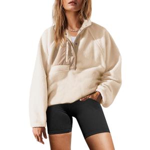 Yanekop Womens Fuzzy Fleece Pullover Sherpa Sweatshirt Long Sleeve Button Down Sweater Winter Fleece Jacket with Pockets (Medium, Beige)