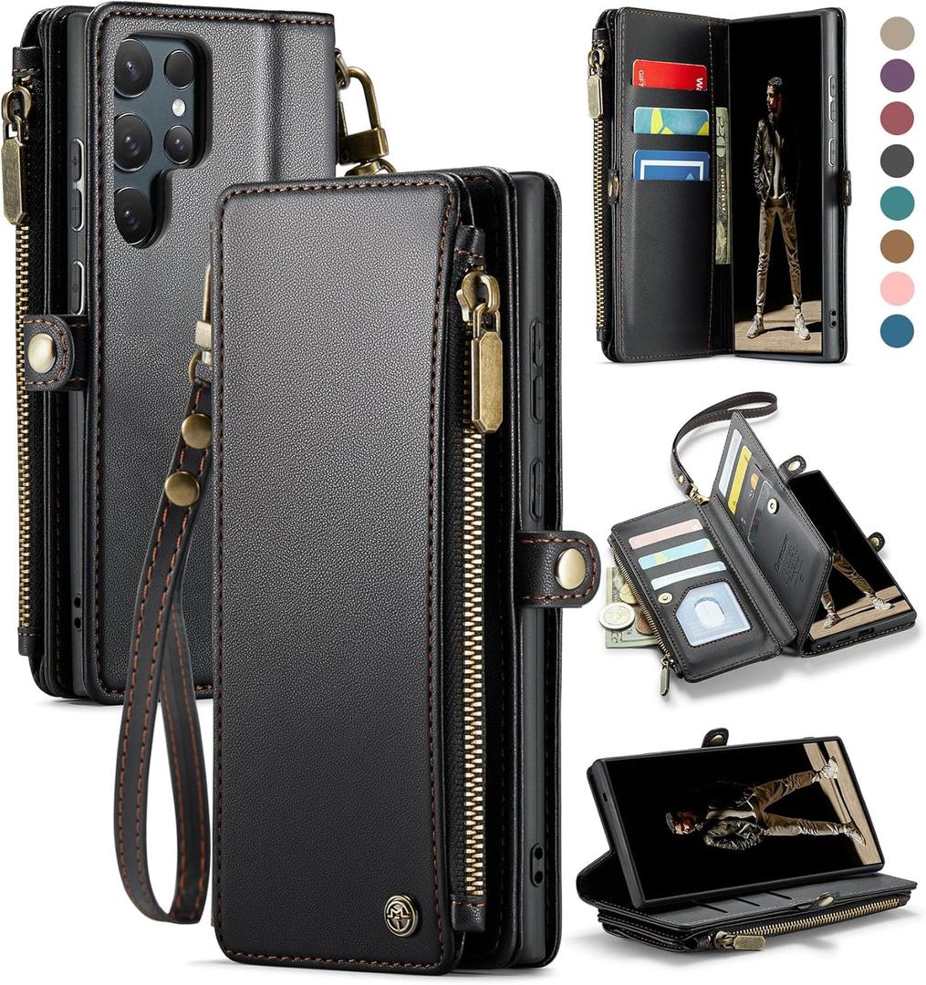 Defencase for Galaxy S25 Ultra Case Wallet with RFID Blocking Card Holder for Women Men, PU Leather Magnetic Snap Flip Wristlet Strap Zipper Wallet Phone Cases for Samsung Galaxy S25 Ultra 6.9", Black