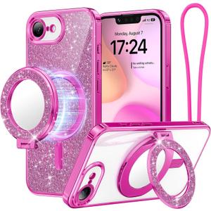 Meifgino Magnetic Case with Removable Phone Ring Stand for iPhone 16E 6.1, [Glitter Card & Wrist Strap] [MagSafe Compatible] [Built in Mirror] Phone Ring Stand + Phone Case Kit, Hot Pink