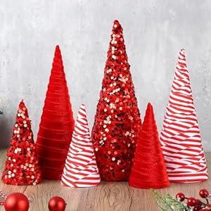 6 Pcs 12" 10" 6" Christmas Velet Cone Tree Decoration Christmas Glitter Table Tree Farmhouse Tree Tiered Tray Ornament Xmas Tree for Home Holiday Entryway Tabletop Tree Centerpiece Decor (Red White)