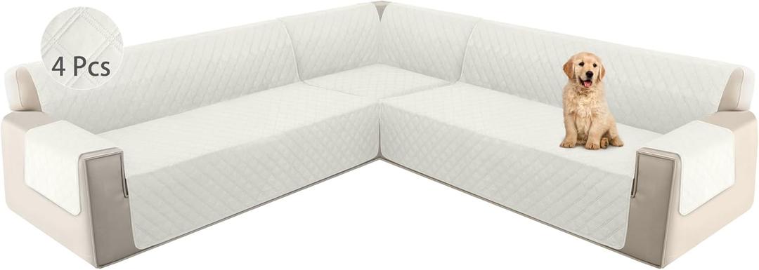 HDCAXKJ L Shape Couch Cover Sectional Sofa Cover 4 Pcs Corner Sectional Sofa Slipcovers Sets for Pets Dogs Washable Non Slip U Shaped Furniture Protector for Sectional Sofa (Ivory White, Large)