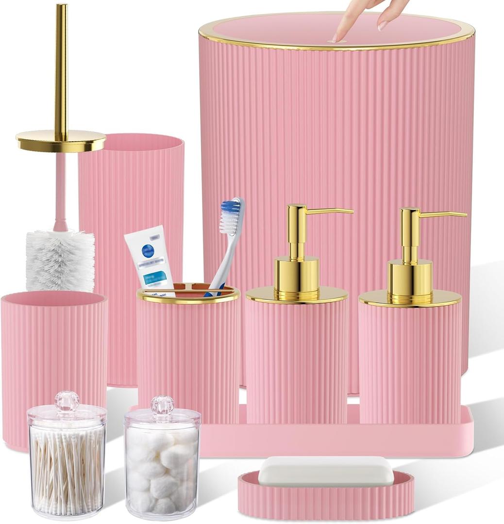Light Pink Bathroom Accessories Set, 10PC Bathroom Set, Bath Accessory with Pop Up Trash Can, Soap Dispenser, Toilet Brush, Toothbrush Set Qtip Holders & Tray