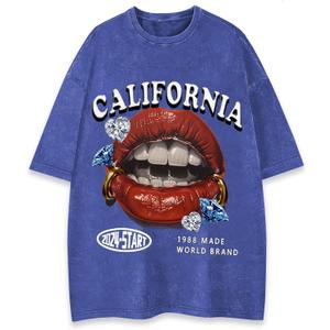 WDIRARA Men's Y2k Lip Graphic Print Tees Vintage Hipster Hip Hop Crew Neck T-Shirt Streetwear Top (X-Large, California Blue)