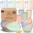 FOODLE Wheat Straw Dinnerware Set - BPA Free & Safety Tested - Dishwasher & Microwave Safe - Toddler & Kids Plates and Bowls Sets - Plastic Plates Reusable - Perfect for RV, Camping Dishes - For 4 (Beige, Green, Blue & Pink)