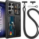 Vihibii for Samsung Galaxy S23 Ultra Case with Crossbody Lanyard Strap, Build-in Card Holder (4 Cards) & Sliding Camera Cover & Kickstand, Shockproof Rugged Hard Back & TPU Edge Wallet Case, Black