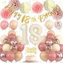 Froova 18th Birthday Decorations for Girl Retro Blush Pink Birthday Balloons Happy 18th Banner Cake Topper Pom Poms Dusty Rose Gold Number 18 Balloon for Her 18 Year Old Bday Party Decoration Supplies