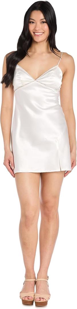 Radiant Satin Mini Dress W/Rhinestone Trim & Spaghetti Straps - Juniors' (Large, Ivory)