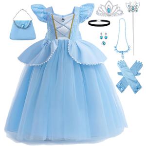 Princess Dresses for Girls Toddler Costume Halloween Birthday Party Blue Cosplay Fancy Outfit (3-4 Years)