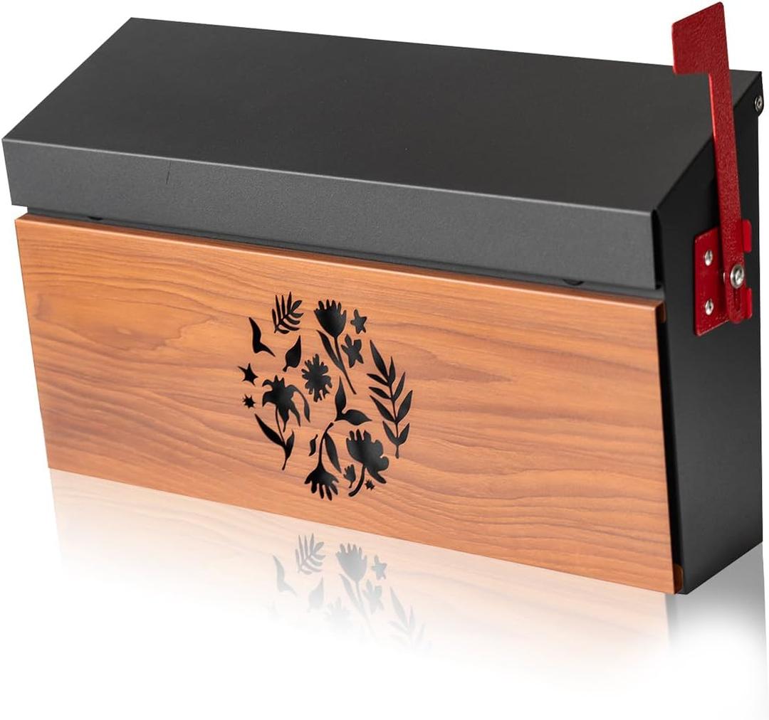 Wall Mount Mailbox, Large Capacity Mailbox for House Outside with Flag Kit Galvanized Steel Rust-Proof Metal Post Drop Box, 15.74"9.84"4.33" Flower Hollowed Wooden Patterned Metal Sheet