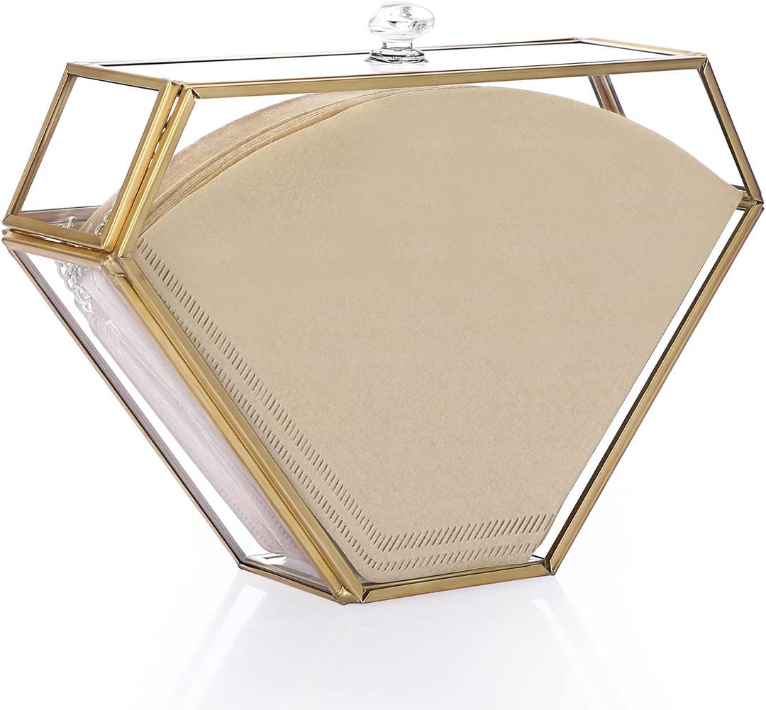 ELLDOO Gold Glass Coffee Filter Holder Coffee Paper Storage Container Filter Paper Dispenser Rack with Dustproof Cover