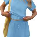 TCOT Pajamas for Women Set Summer Fashion Short Sleeve Crewneck Tops with Skirt Sets Pajama Casual Loungewear (Large, A Light Blue)