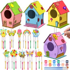 VioraWhite 14 Pcs Wooden Bird House Wind Chime Kits DIY Wood Crafts and Arts Bird House Coloring Unfinished Wood Hanging Ornaments for Spring Party Classroom Painting Activities