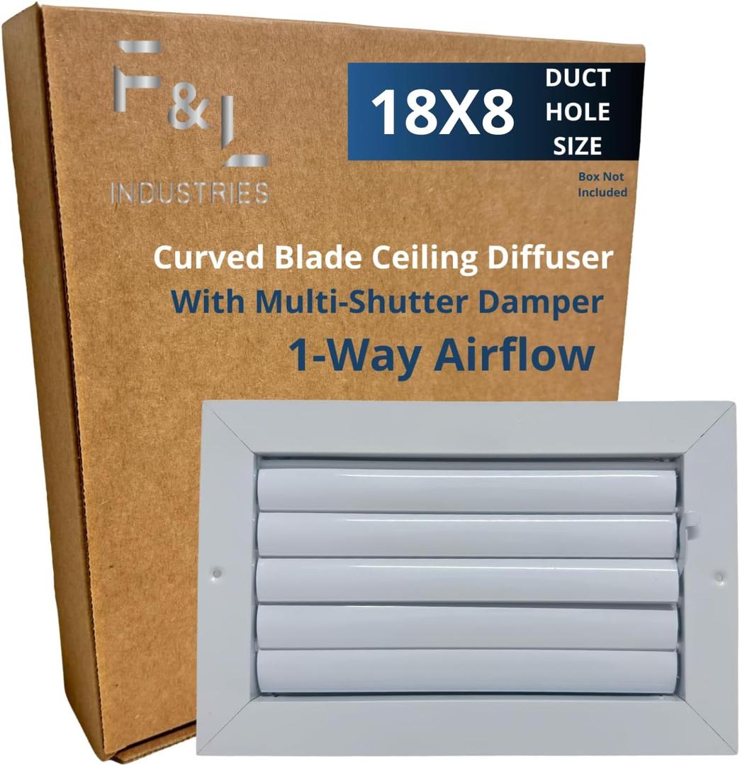 Curved Blade Ceiling Diffuser with Multi-Shutter Damper | Adjustable Airflow Control | Durable Aluminum Design | Easy Installation for HVAC Systems (18"x8" 1-Way Airflow Direction)