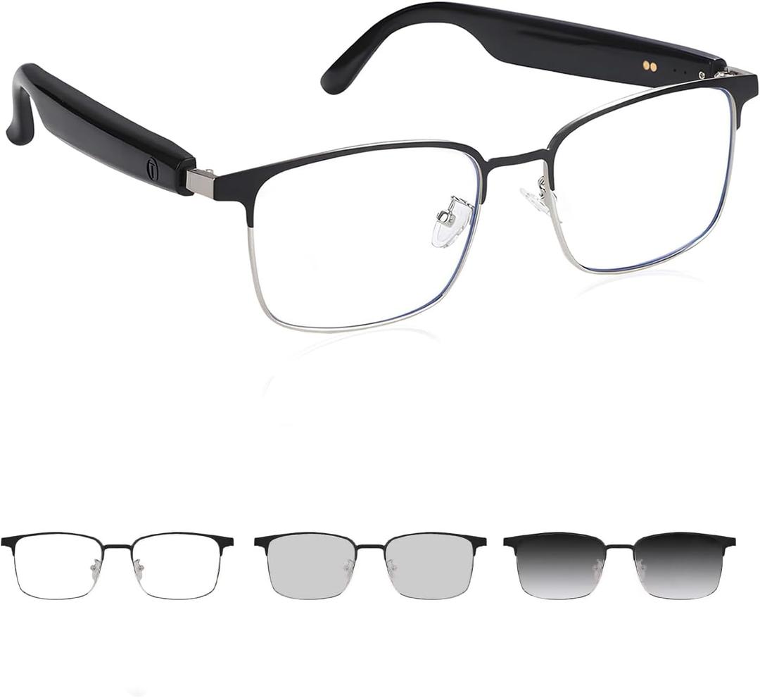 Bluetooth Audio Smart Glasses for Women Men with Remote Shooting, Color-Changing Anti-Blue Light Polarized Lenses, Open-Ear Sound Speakers, Magnetic Charging, Voice Assistant, Black Silver