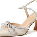 Susanny Women's Closed Toe Rhinstone Wedding Low Heel Slingback Clear Kitten Heels, Adjustable Strap Pointed Toe Bow Pumps High Heeled Prom Dress Shoes, Apricot, 43
