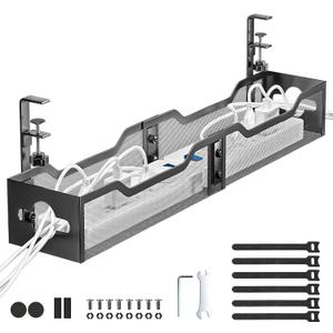 Under Desk Cable Management Tray Black, Litwaro Cable Management Under Desk No Drill, 25'' Cable Tray with Clamp for Wire Management, Cord Organizer for Office, Home - No Damage to Table