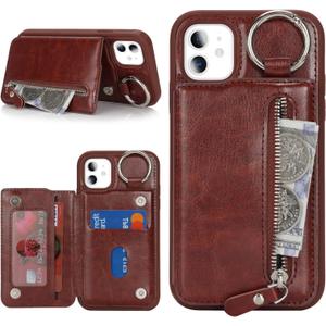 for iPhone 11 case Wallet with Card Holder for Women Men Shockproof Phone case with Keychain Ring Stand Leather Zipper Credit Card Slots-Deep Brown
