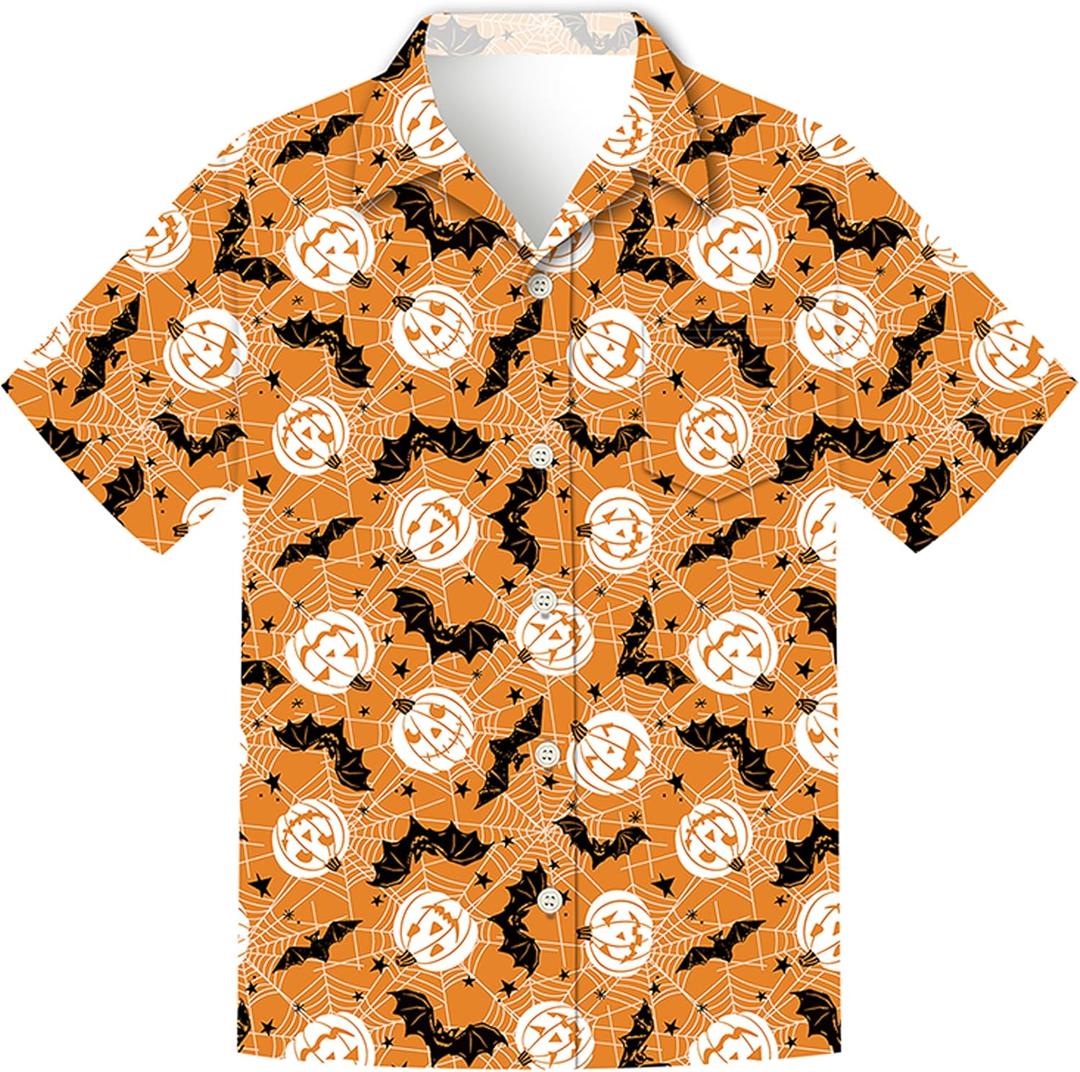 Christmas Shirts Men,Thanksgiving Button Up Shirt for Men,Casual Halloween Hawaiian Short Sleeve Shirt (Orange, XXL)