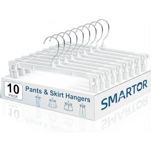 Smartor Skirt Hangers | Pants Hanger with Clips | Space Saving| Durable| Strong Clips| Pant Hanger for Men| White Hangers Clips for Women Shorts, Jeans, Slacks - 10 Pack