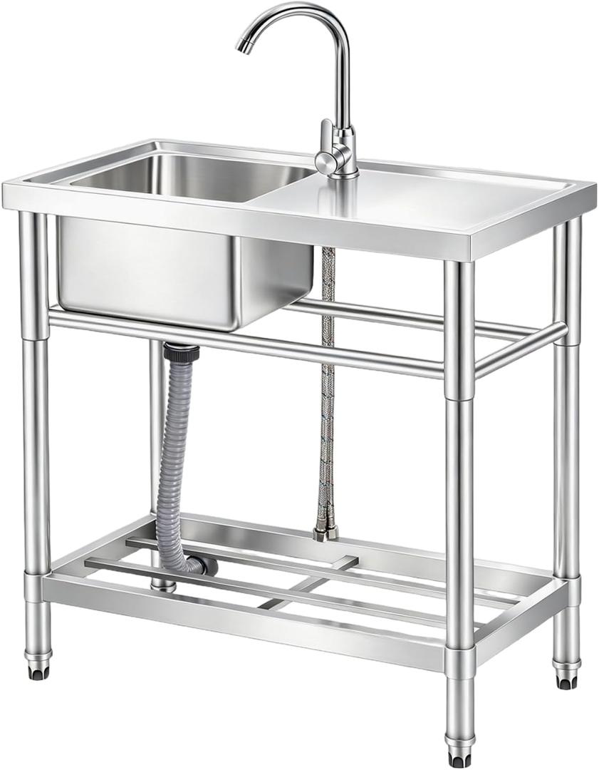 Garvee Stainless Steel Utility Sink, 30" Double Bowl Free Standing Sink with Faucet, Cold & Hot Water Pipe, Storage Shelf and Drain Kit, for Kitchen, Bathroom, Laundry, Garage, 30×16×30 inch