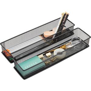 Annova Mesh Stackable Drawer Cabinet and Shelf Organizer Bins Storage Basket School Office Supply Holder Tray- Set of 2 (Black, 3x12x2 Inch)